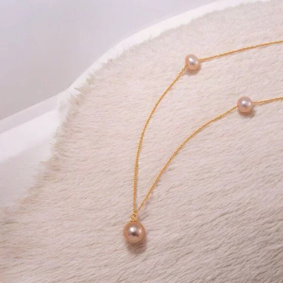 Artisan ✦ Edison Pearl Necklace ✦ Blush Pink Pendant on 14K Gold Over Sterling - Picture 4 of 5